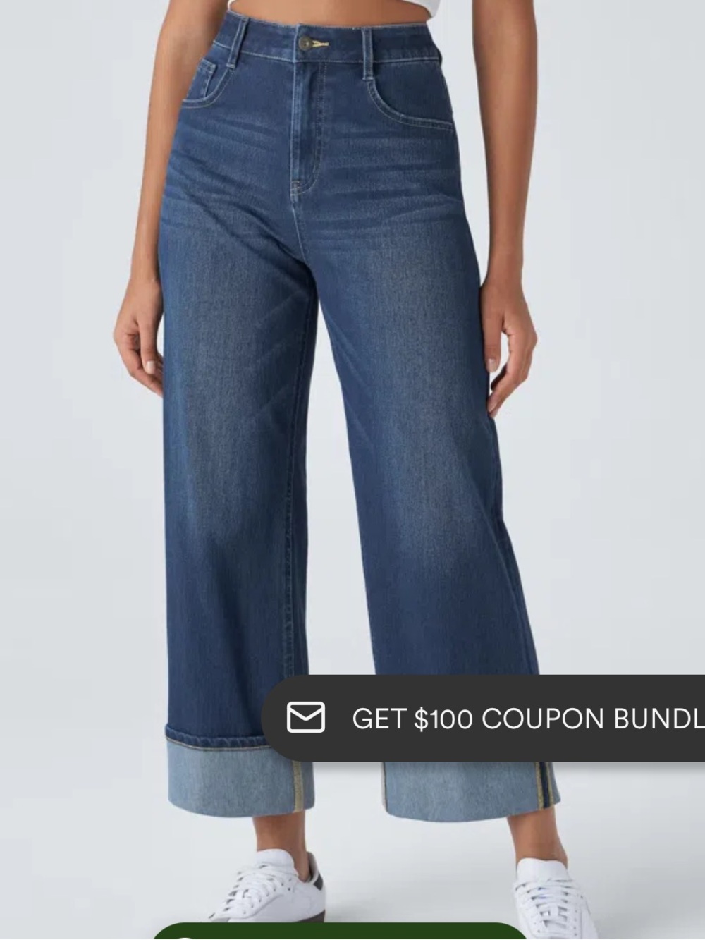 Halara Flex High Waisted Pockets Rolled Hem Wide Leg Washed Casual Jeans small